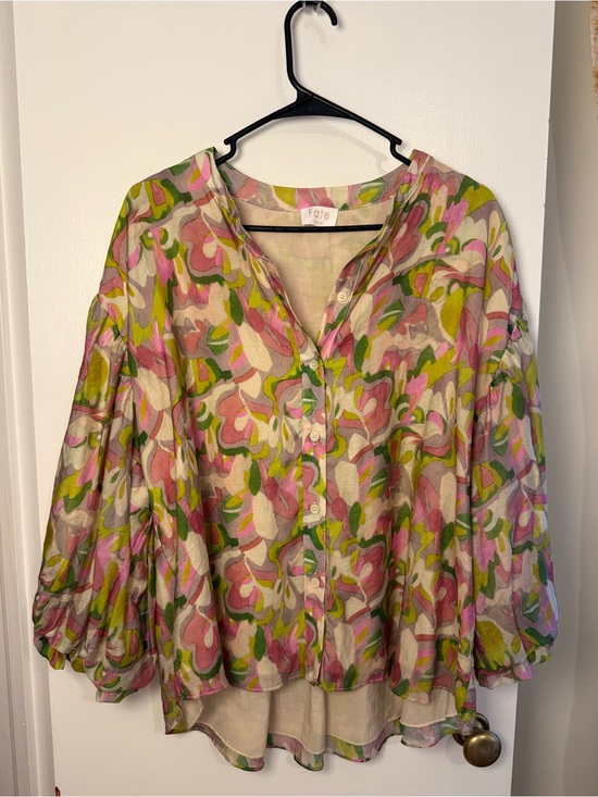 Fate Tops - Fate Floral Tencel Blend Peplum Blouse Balloon Sleeve Top Size M